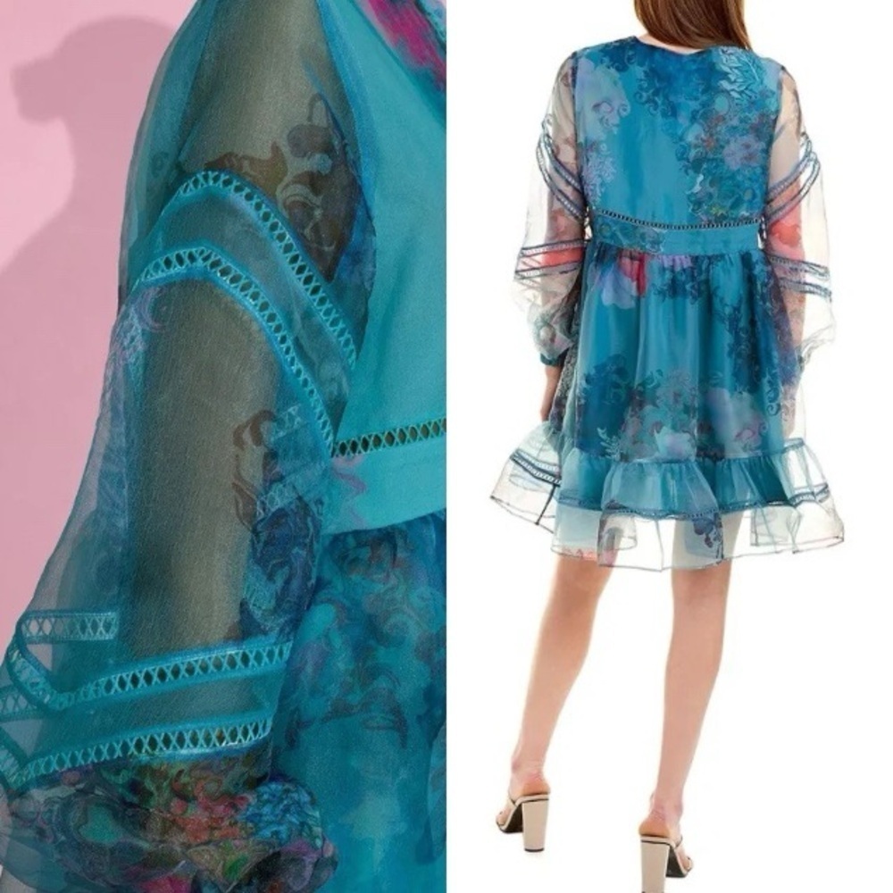 Cynthia Rowley Watercolor Hourglass Dress S Turquoise Organza Lace Mini Dress - Picture 3 of 16